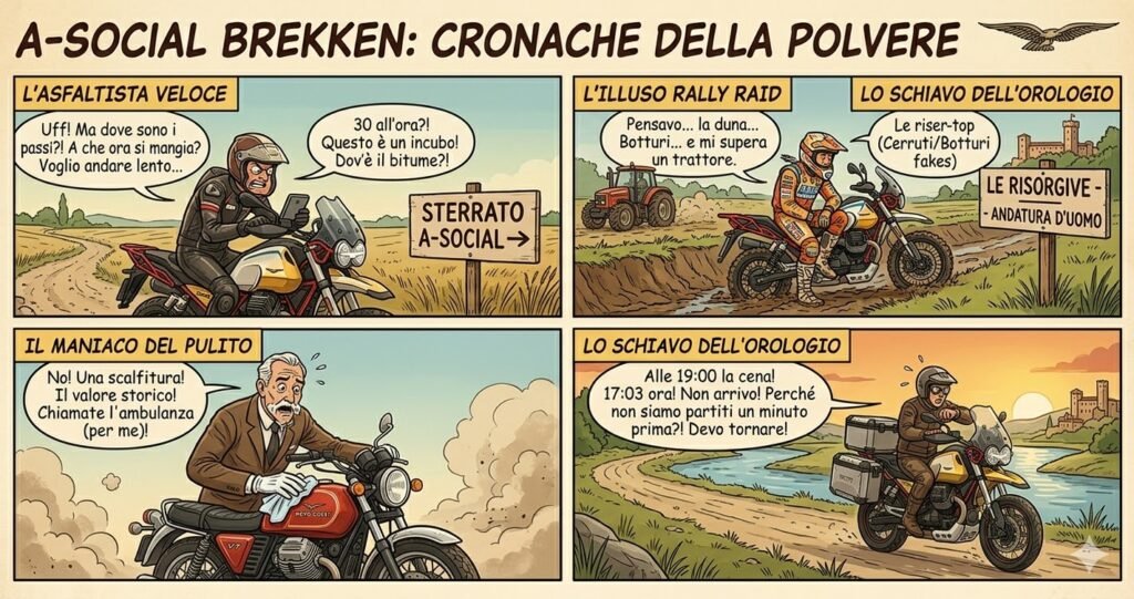 Vignetta comics ironica stile Tintin su 4 tipologie di motociclisti Moto Guzzi A-social Brekken.