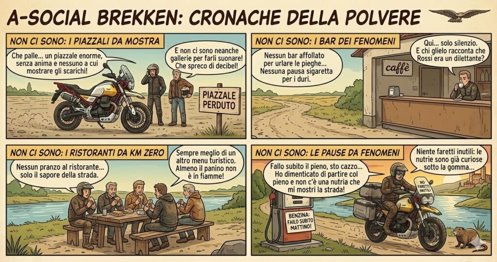 Vignetta comics ironica stile Tintin su 4 'anti-luoghi' del motociclista Adventure Moto Guzzi.