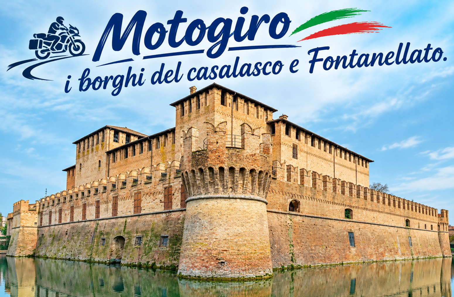 Locandina del motogiro tra i borghi del Casalasco e Fontanellato, con il castello medievale circondato dal fossato e il titolo Motogiro in evidenza.