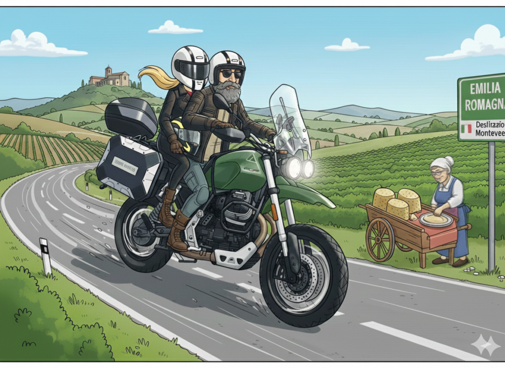 Illustrazione in stile fumetto di una coppia che viaggia spedita su una motocicletta Moto Guzzi verde scuro lungo una strada curvilinea tra i colli bolognesi. La moto è raffigurata in movimento con un leggero effetto velocità e presenta il tipico doppio faro anteriore tondo acceso. Entrambi i passeggeri indossano caschi bianchi con strisce scure; l'uomo alla guida ha una folta barba brizzolata e occhiali da sole, mentre la donna seduta dietro ha una lunga coda bionda che sventola vistosamente al vento. Sullo sfondo si vede l'Abbazia di Monteveglio in cima a una collina e un cartello stradale con scritto 'EMILIA ROMAGNA - Destinazione Monteveglio'. A bordo strada, come elemento caratteristico, una 'zdora' (donna emiliana tradizionale) lavora la sfoglia su un tavolo di legno accanto a grandi forme di Parmigiano Reggiano