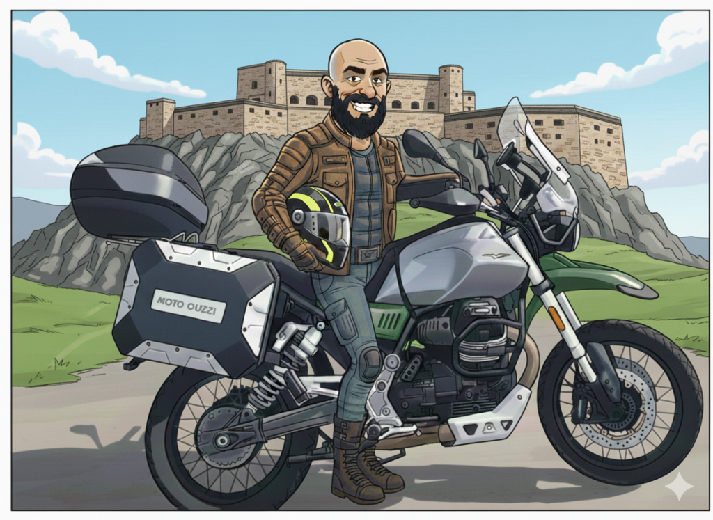 Illustrazione comic di un motociclista con Moto Guzzi V85TT davanti al Forte di Rivoli Veronese.