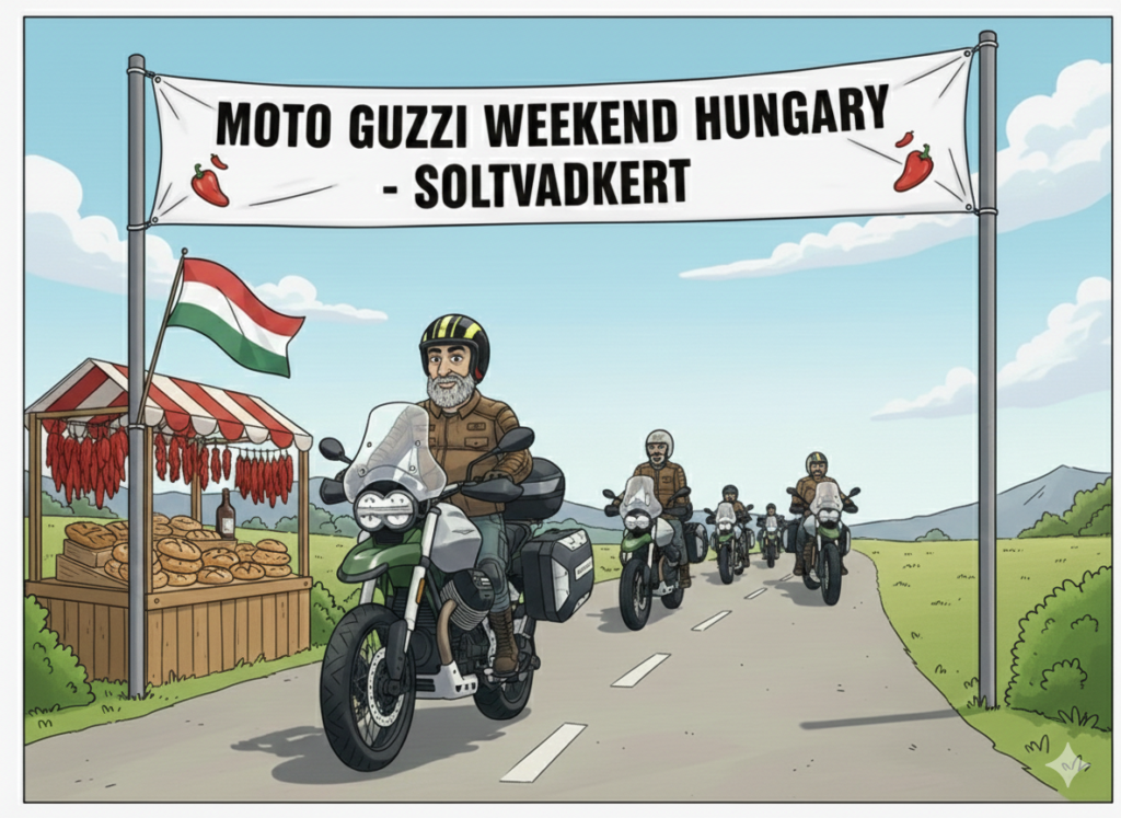 Illustrazione in stile cartoon di un motociclista con barba brizzolata e una leggera pancia, che guida una Moto Guzzi V85 TT nei colori grigio e verde. Il pilota indossa una giacca di pelle marrone e un casco nero con strisce giallo fluo. La moto è equipaggiata con valigie laterali nere e grigie e un bauletto. Il motociclista sta percorrendo una strada asfaltata in un paesaggio rurale. Sopra la strada è appeso un grande striscione bianco con la scritta 'MOTO GUZZI WEEKEND HUNGARY - SOLTVADKERT', decorato con piccoli disegni di peperoncini rossi. Sulla sinistra, a bordo strada, si trova un banchetto tipico ungherese che espone filari di peperoncini rossi, pagnotte di pane e una bandiera dell'Ungheria. Sullo sfondo si vedono altri motociclisti che seguono sulla stessa corsia sotto un cielo azzurro con nuvole leggere.