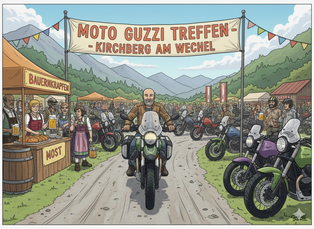 Motociclista brizzolato su Moto Guzzi V85TT a un motoraduno in Austria, stile fumetto con prodotti tipici.