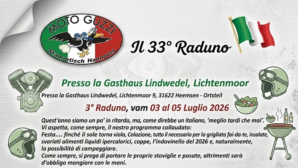33° Treffen Moto Guzzi Stammtisch Hannover 2026: Destinazione Germania!