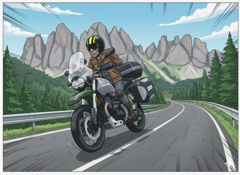 Illustrazione cartoon di un motociclista brizzolato su Moto Guzzi V85TT tra le Dolomiti Bellunesi.