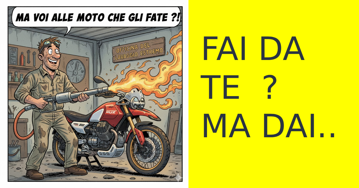 Vignetta uomo che pulisce una Moto Guzzi V85TT con un lanciafiamme.