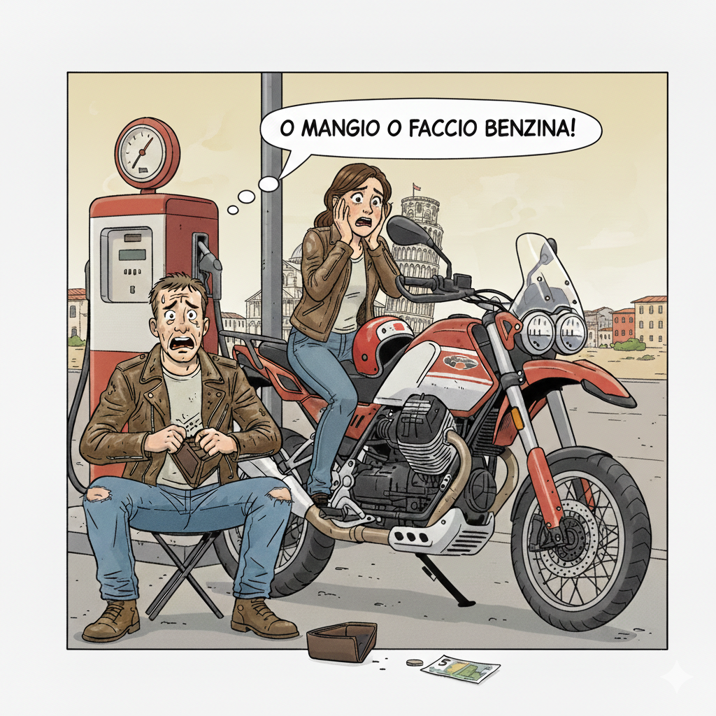 vignetta di guzzisti squattrinati al distributore con lo sfondo della città di pisa
