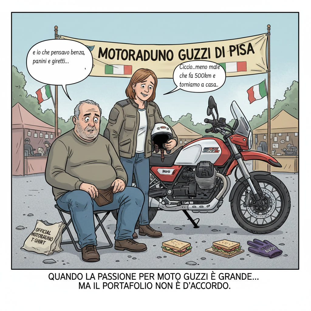 vignetta di guzzisti sconsolati senza soldi vicino ad una v85tt