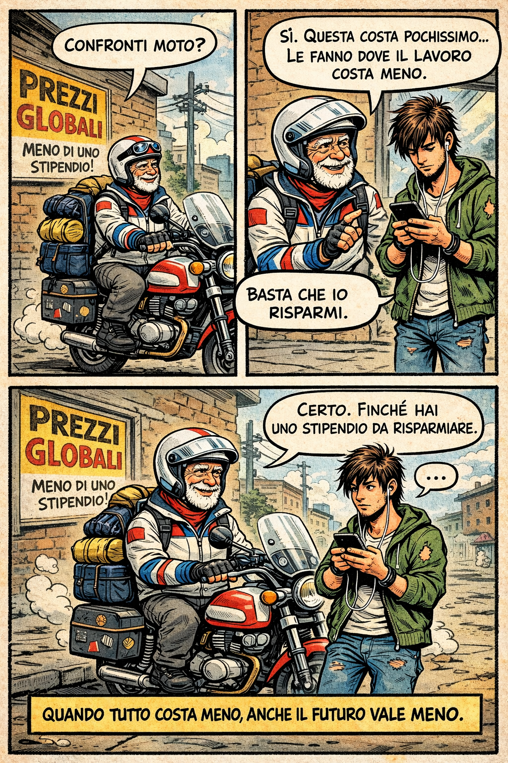 Striscia a fumetti in tre vignette con un anziano mototurista sulla moto che dialoga con un giovane distratto dal telefono sui prezzi globali e sulla perdita di lavoro futuro