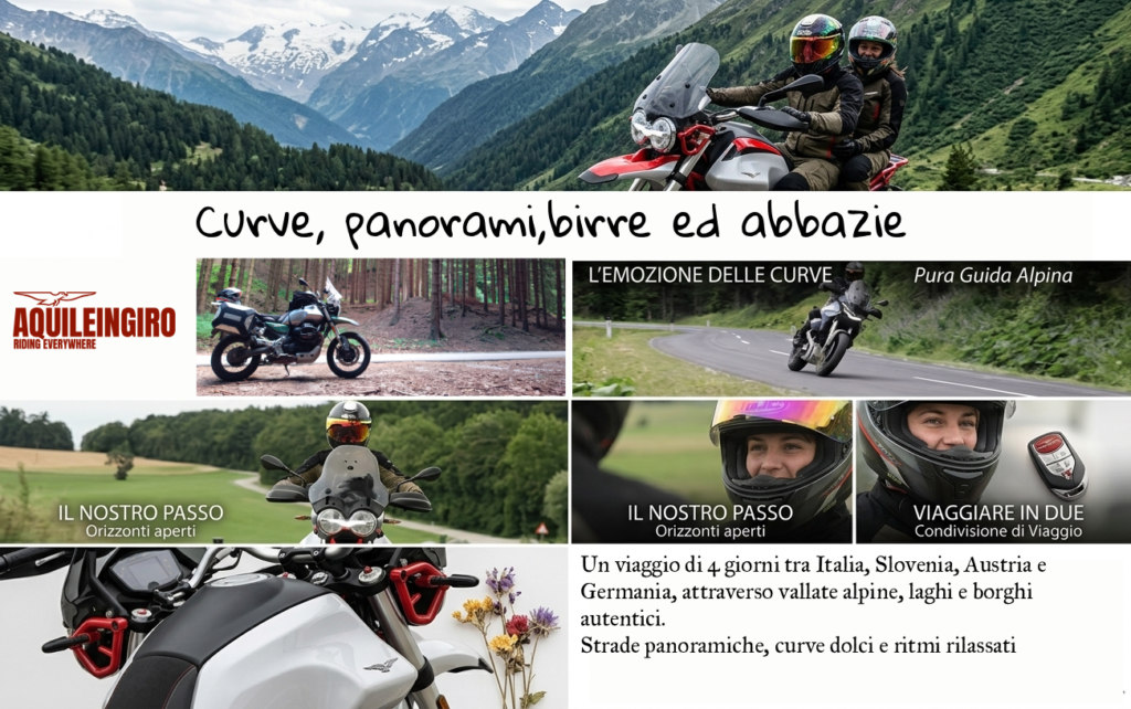 Collage fotografico di un viaggio in coppia su Moto Guzzi V85 TT attraverso i passi alpini di Slovenia, Austria e Germania.