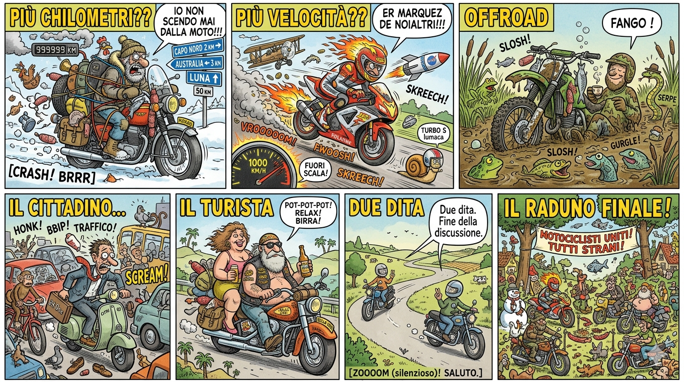 Vignetta umoristica in stile Jacovitti composta da 6 riquadri che illustrano diverse tipologie di motociclisti: il viaggiatore estremo sulla neve, il pilota velocista, l'amante dell'offroad nel fango, il pendolare nel traffico, il turista su custom e il saluto finale con le due dita tra motociclisti normali. Ricca di dettagli assurdi come salami volanti, pesci e lumache col casco