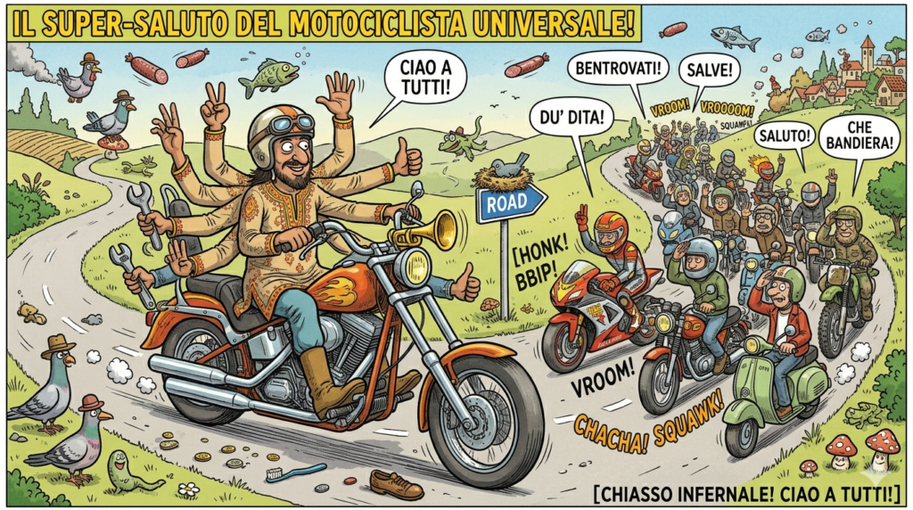 Vignetta umoristica in stile Jacovitti intitolata "Il Super-Saluto del Motociclista Universale!". Un motociclista barbuto con dieci braccia (simile a una divinità Khali) guida una custom e saluta contemporaneamente, con varie gesta e strumenti, una folla di altri motociclisti che arrivano nel senso opposto. Il paesaggio rurale è ricco di dettagli assurdi come salami volanti, pesci, piccioni parlanti e funghi con la faccia, con fumetti in italiano.