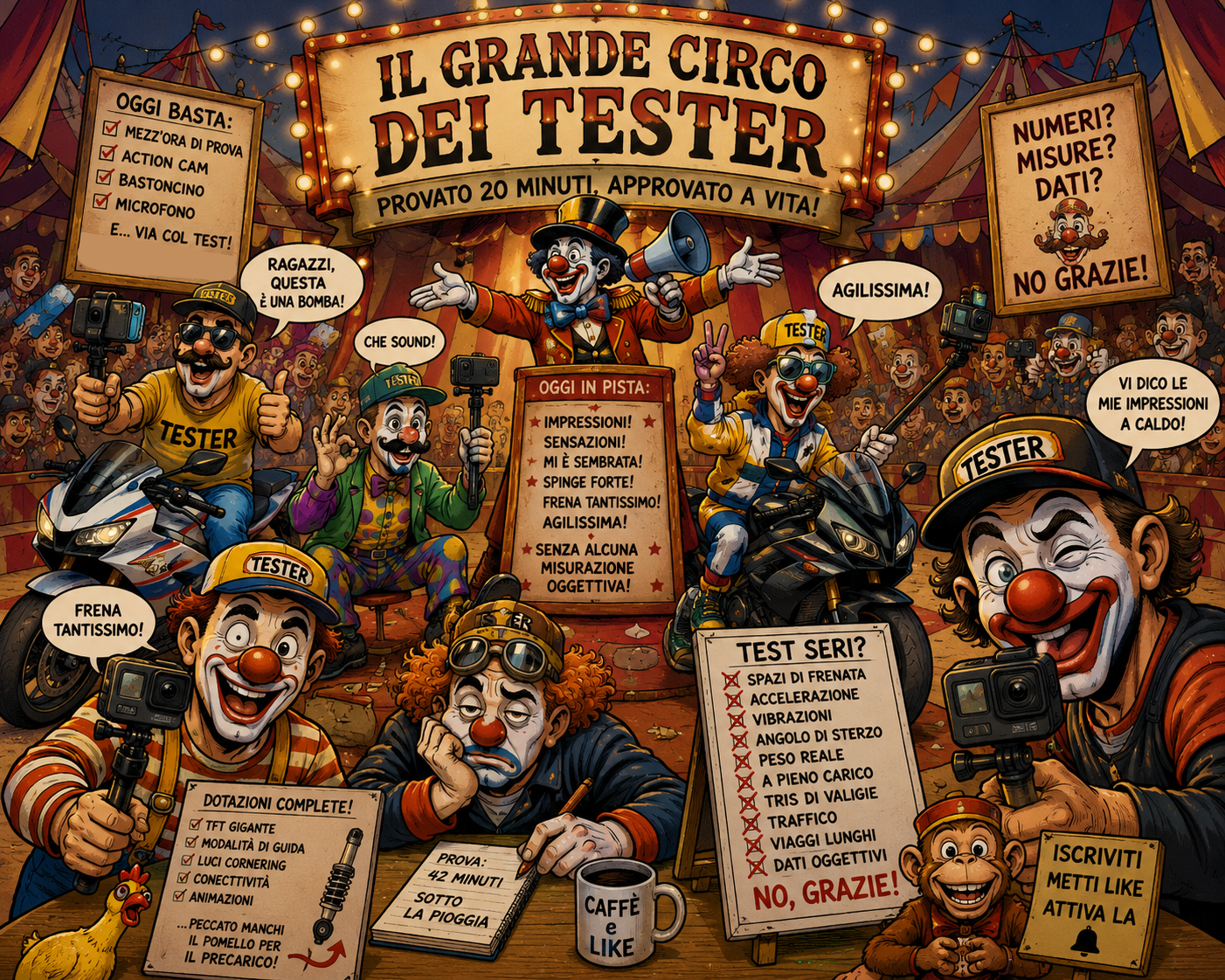 Illustrazione comics satirica di un circo pieno di falsi tester motociclistici con action cam, selfie stick e moto sportive mentre danno giudizi senza dati tecnici reali.