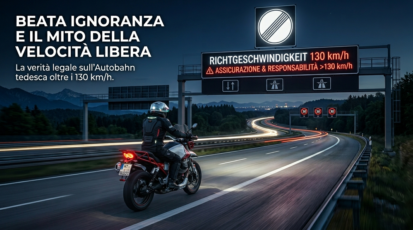 Un motociclista su una Moto Guzzi V85TT viaggia di notte sull'Autobahn tedesca sotto un pannello elettronico che indica la velocit&agrave; consigliata di 130 km/h e l'avviso sulla rivalsa assicurativa.