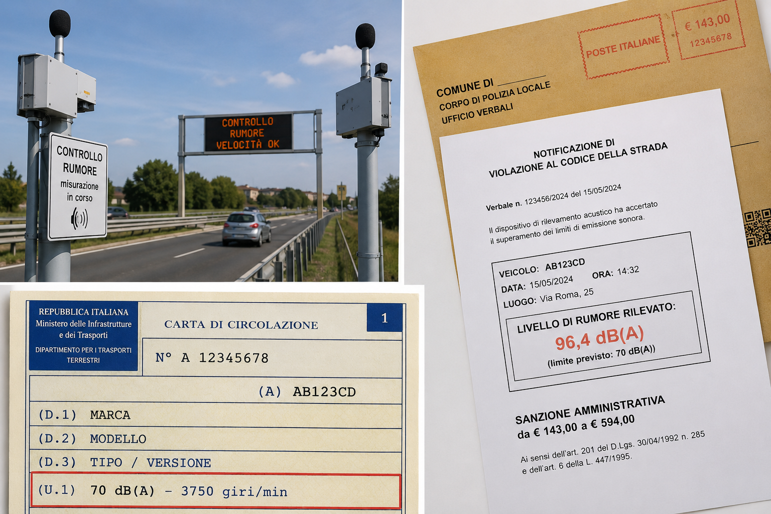 Fonometri stradali, multa per eccesso di rumore ricevuta per posta e valore U.1 in decibel sul libretto di circolazione.