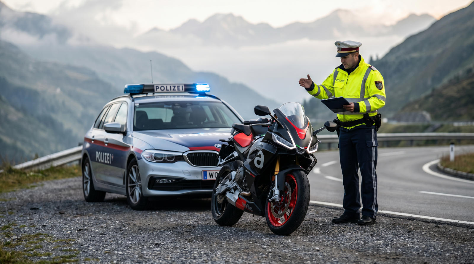 Controllo della polizia stradale in Europa per eccesso di velocit&agrave; e sanzioni a un motociclista su una strada alpina.