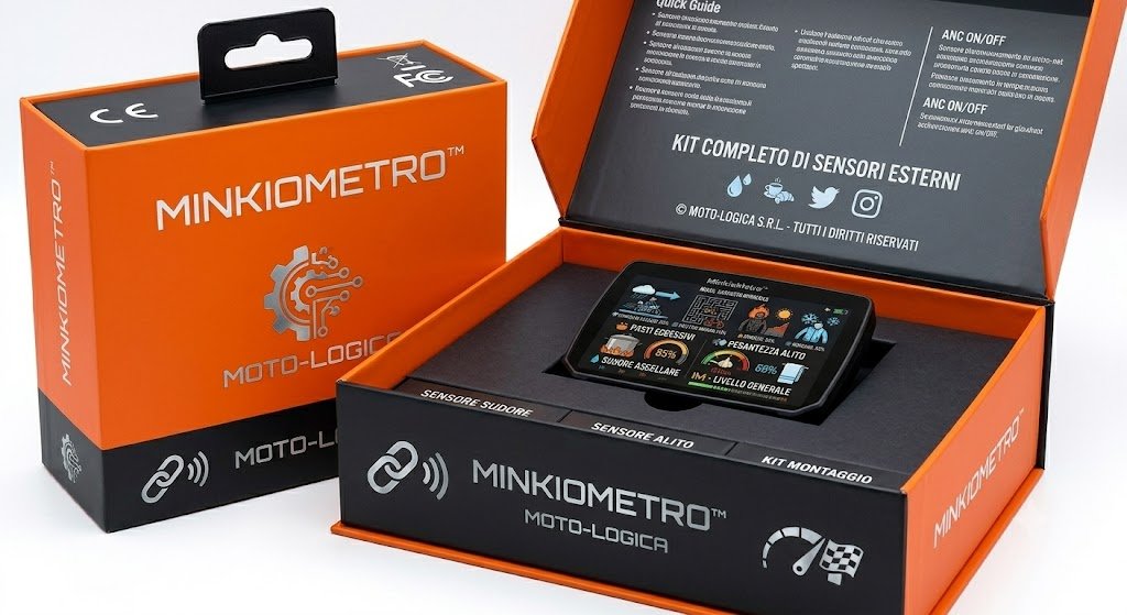 Unboxing del kit completo di sensori esterni "MinkioMetro" di Moto-Logica. L'immagine mostra due confezioni premium con apertura magnetica e guide rapide stampate sotto il coperchio. A sinistra, il modello "MinkioMetro Pro" in arancione fluo e nero mostra sul display un'icona stilizzata arancione di un motociclista uomo. A destra, il modello "MinkioMetro Lady" in rosa confetto metallizzato mostra sul display l'illustrazione in stile fumetto di una motociclista donna con tuta e casco rosa. Entrambe le scatole presentano alloggiamenti sagomati contrassegnati per il "Sensore Sudore", "Sensore Alito" e "Kit Montaggio".