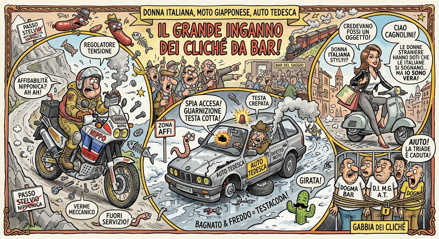 na densa vignetta satirica a fumetti in stile Jacovitti che smonta il clich&eacute; "Donna italiana, moto giapponese, auto tedesca". L'immagine &egrave; caotica, piena di dettagli assurdi e testo. Mostra una moto giapponese con "REGOLATORE TENSIONE GUASTO" sul "PASSO STELVIO" (scritta "AFFIDABILIT&Agrave; NIPPONICA" barrata), un'auto tedesca schiantata nella "ZONA AFFI" con la spia del motore accesa ("SPIA ACCESA! GUARNIZIONE TESTA COTTA!", "TESTA CREPATA!"), e una donna italiana elegante che si allontana da commenti che la oggettivizzano ("CREDEVANO FOSSI UN OGGETTO!", "LE DONNE STRANIERE HANNO DOTI CHE LE ITALIANE SI SOGNANO... MA IO SONO VERA!"). La vignetta culmina con uomini intrappolati in una "GABBIA DEI CLICH&Eacute;" che urlano "AIUTO! LA TRIADE &Egrave; CADUTA!". Il titolo principale &egrave; "IL GRANDE INGANNO DEI CLICH&Eacute; DA BAR!".